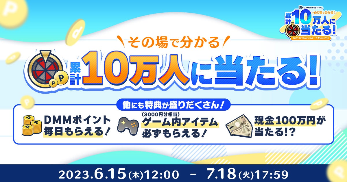 【夏のDMM GAMES FESTIVAL】最大10,000ポイント当たるルーレットや現金100万円応募も！20人に1人に10%分のポイント還元も！ゲームプレイでアイテム3,000円分相当も！詳細は特設サイトで！