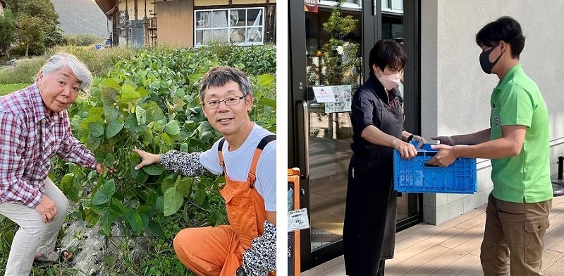 「ジモノミッケ！™」実証実験中の様子（左：収穫中の生産者、右：配達員から農産物を受け取る実需者） ©TOPPAN INC.