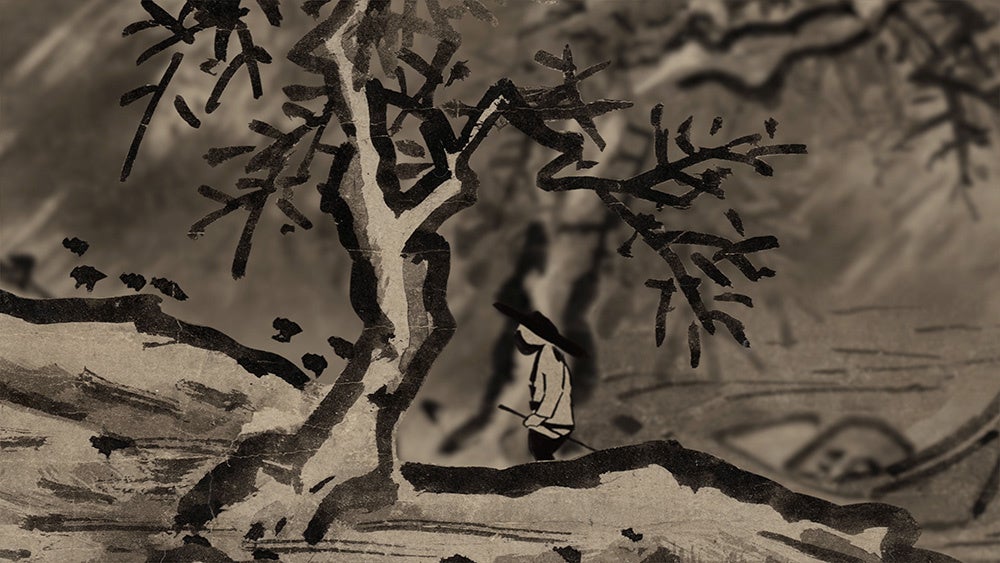 画中の人物が作品の中を巡るアニメーション