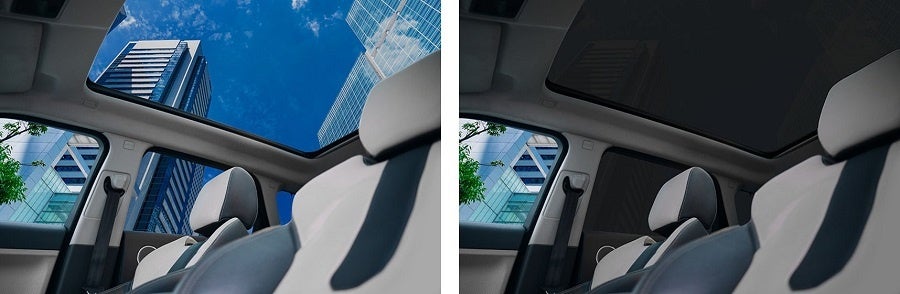 液晶調光フィルム「LC MAGIC™ ノーマルブラック」の自動車への搭載イメージ（CG） 左：電源ON時（可視光線透過率43%）、右：電源OFF時（同5%） © TOPPAN INC.