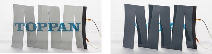 自由な形状にカットされた「LC MAGIC™ ノーマルブラック」(左:電源ON、右:電源OFF) © TOPPAN INC.