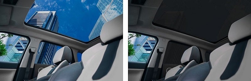 液晶調光フィルム「LC MAGIC™ ノーマルブラック」の自動車への搭載イメージ（CG） 左：電源ON時（可視光線透過率43%）、右：電源OFF時（同5%） © TOPPAN INC.