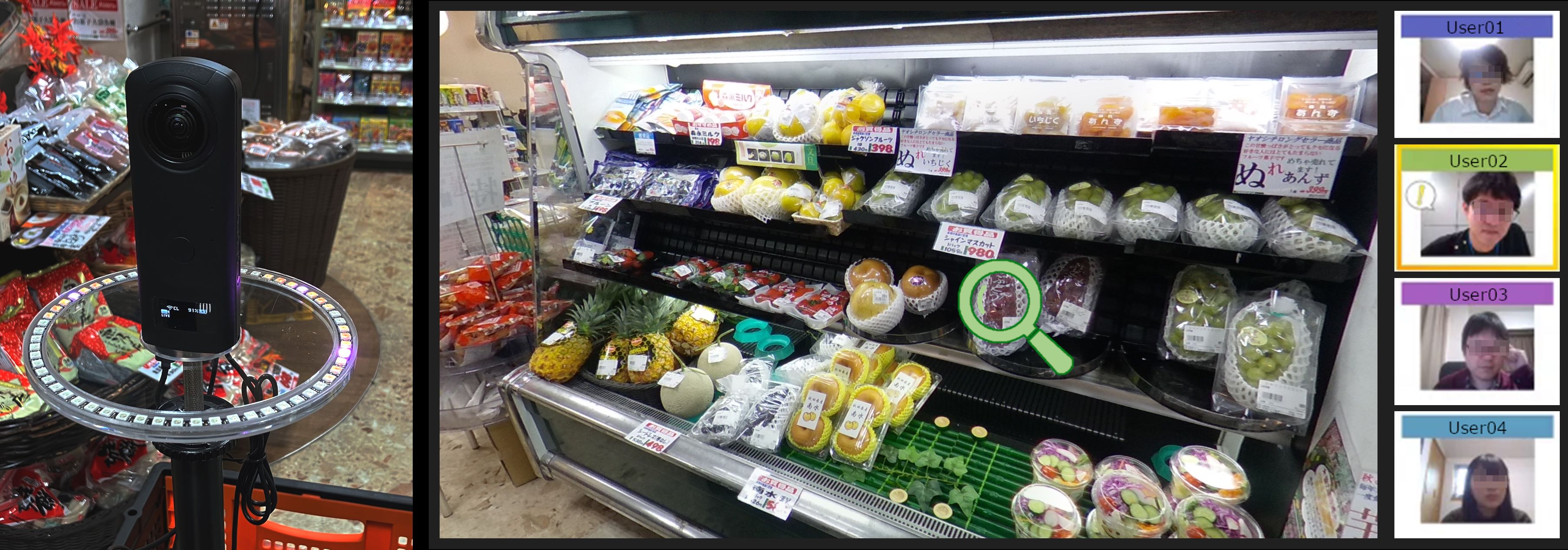 多人数遠隔ショッピング支援システムの利用イメージ  （左：店舗での方向提示デバイス、右：遠隔利用者のWEB画面）  ©TOPPAN INC.