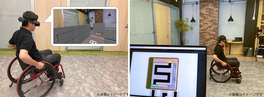 「車いす×MRゲーム」を体験している様子&nbsp; 左：車いすに乗車している体験者が見ているゲームのイメージ&nbsp; 右：パズルを動かす操作者の画面と車いすに乗車している体験者の様子