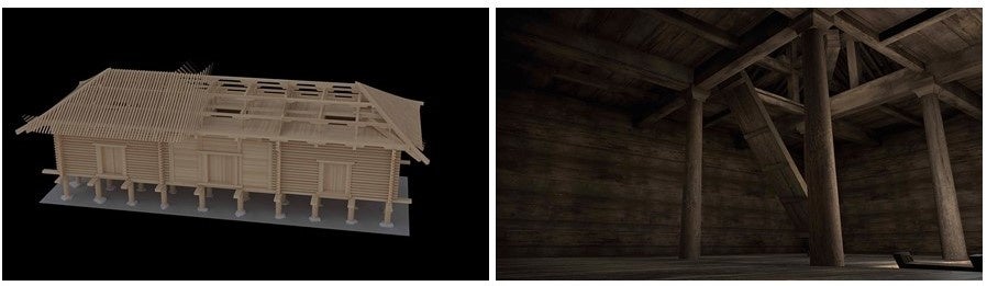 （左）「正倉」の構造と（右）VR正倉内部。総檜造りの質感までわかる。