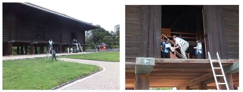 「正倉」の（左）扉の計測と（右）壁面の撮影の様子　　協力：宮内庁正倉院事務所