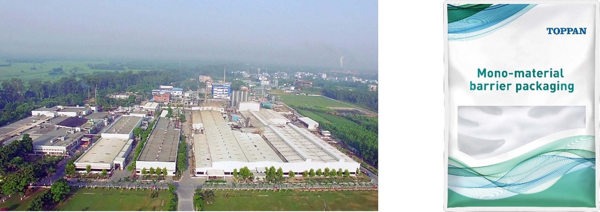 (左)TSF工場外観&nbsp; (右)「GL-SP」を使用したモノマテリアル バリアパッケージのイメージ