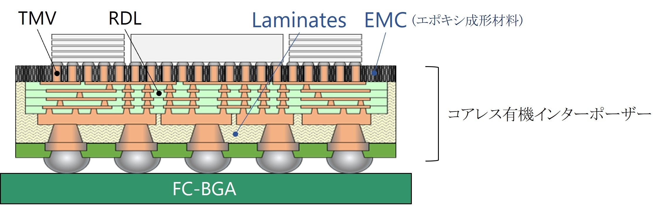 コアレス有機インターポーザーの断面構造イメージ ©TOPPAN Inc.