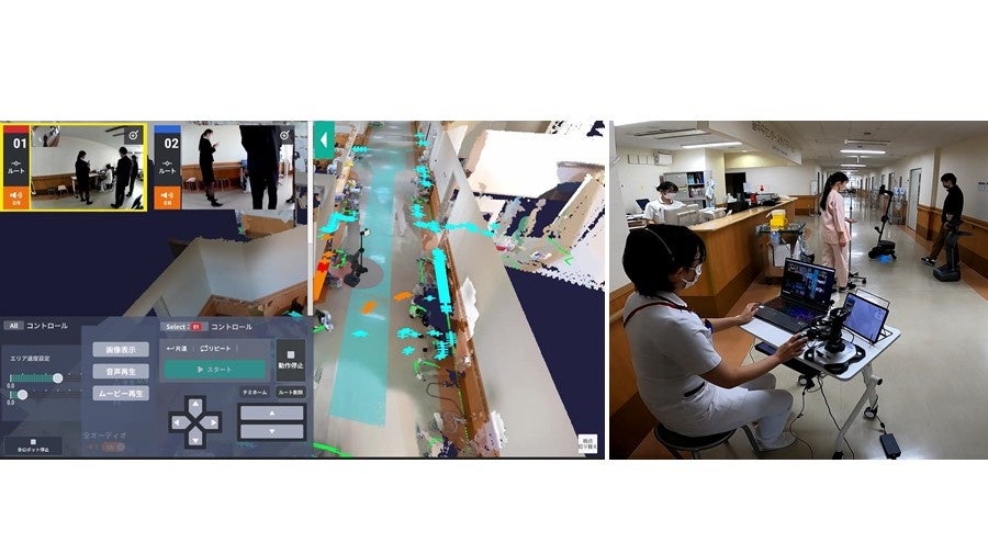 「TransBots®」を使った看護業務支援実証実験の様子 左：「TransBots®」のVRシミュレーター画像、右：複数の異種ロボットを同時に操作する様子 ©TOPPAN INC.