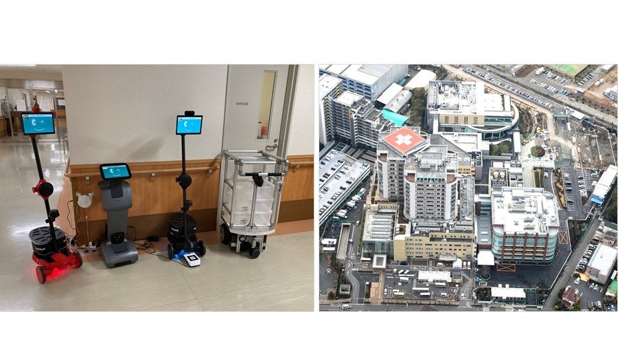 左：実証実験で使用したロボット、右：実証実験を実施した湘南鎌倉総合病院の外観図