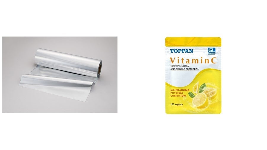 （左）「GL-ME-RC」フィルム　（右）「GL-ME-RC」を使用した製品のイメージ © TOPPAN INC.