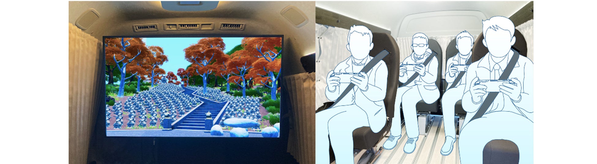 メタバース上に構築された時之栖(画像左)と、車内での事前体験のイメージ(画像右) ©TOPPAN INC