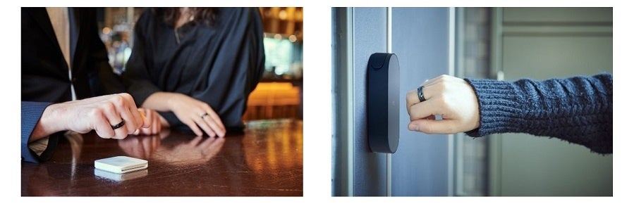 スマートリング「EVERING」の利用シーン（決済：写真左、ドア解錠：写真右） © EVERING Co., Ltd.