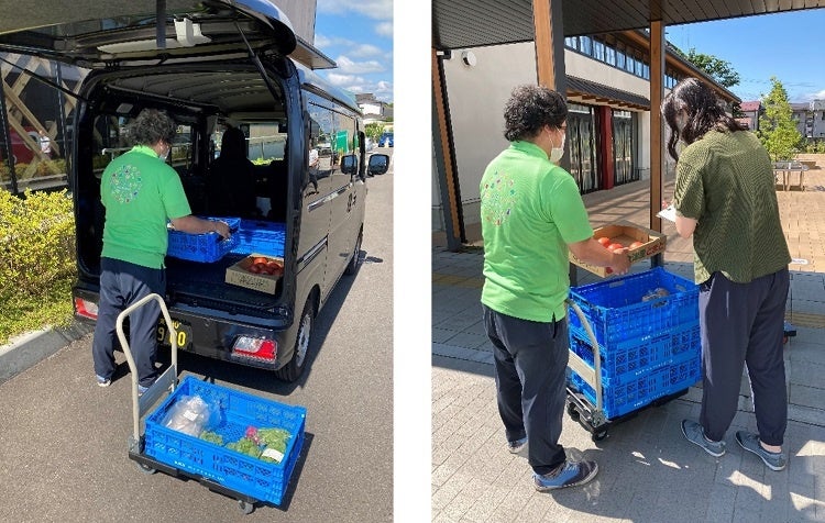 「プレ実証」（2022年6月27日～7月10日）中の様子（生産者から農産物を集荷：写真左、実需者に納品：写真右） ©TOPPAN INC.