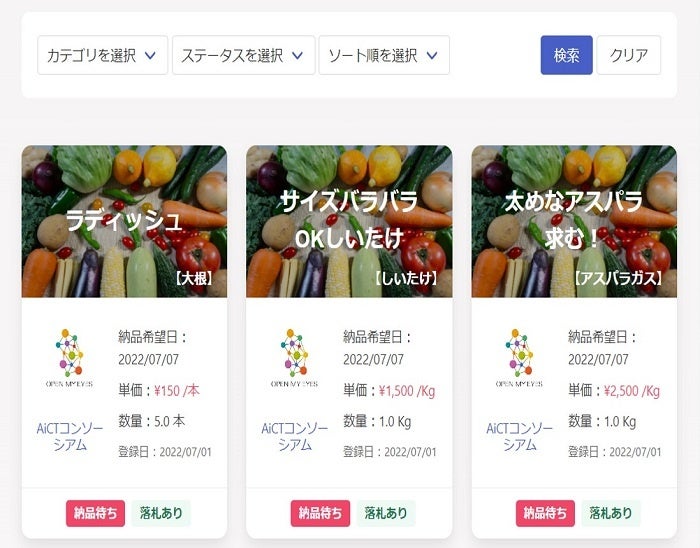 「ジモノミッケ！™」実需者用画面例（登録したデマンド一覧）