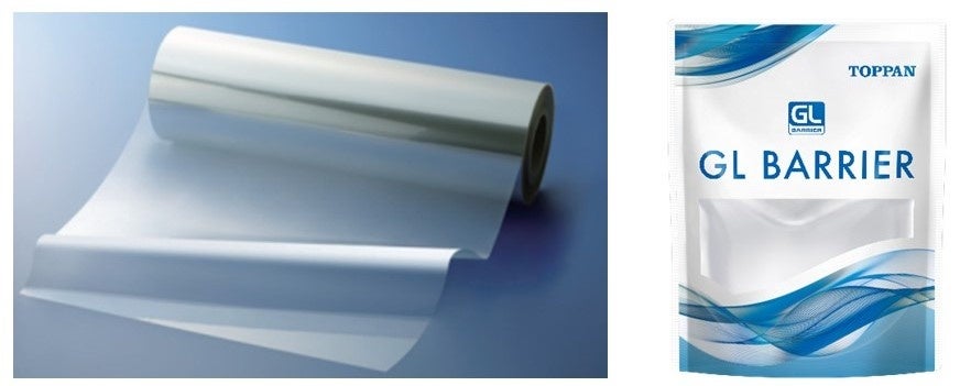 (左)「GL BARRIER」フィルム、(右) 「GL BARRIER」を使用したパッケージのイメージ © TOPPAN INC.