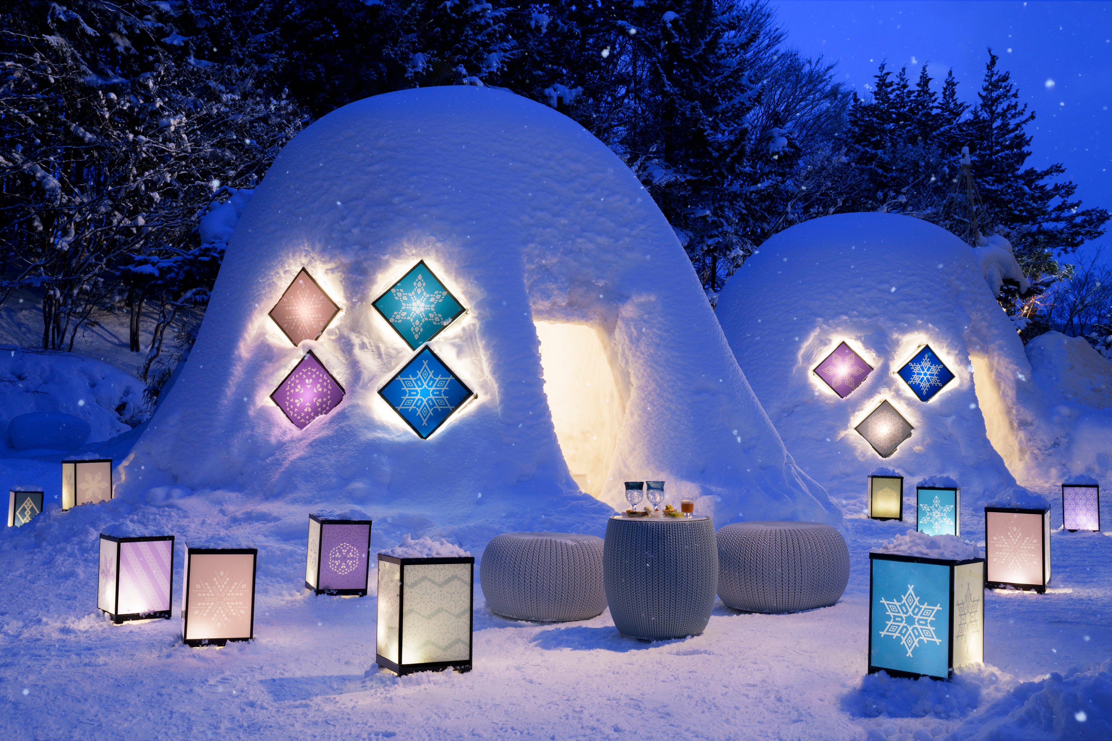 朧月　雪景色 界 津軽（青森県・大鰐温泉）】7種類の雪とこぎん幻燈に照らされた