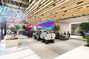 天井ルーバーには、エプソンのプリンターで出力したオリジナルの木目柄を張り込み、空間全体をプリンティングで演出