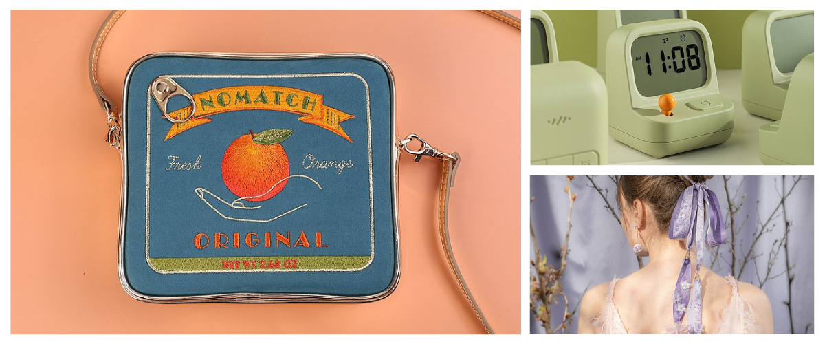 左上から：NoMatch（中国）みかん缶 オレンジ缶 バッグ ポシェット ポーチ、MUID（中国）キューブ型 目覚まし時計、パーミキャリー（香港）桜のトレイルゴージャスな多目的サテンヘッドバンド