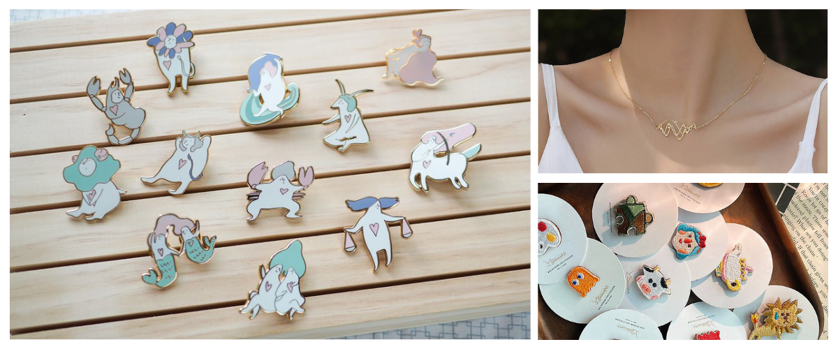 左上から：dodolulu（香港）コンステレーションエナメルブローチピンバッジ、think-if（台湾）星座ネックレス 水瓶座 女性用鎖骨チェーン チタン鋼メッキ 18Kゴールド、Littdlework（台湾）刺繍ワッペン 刺繍ミニピン 動物