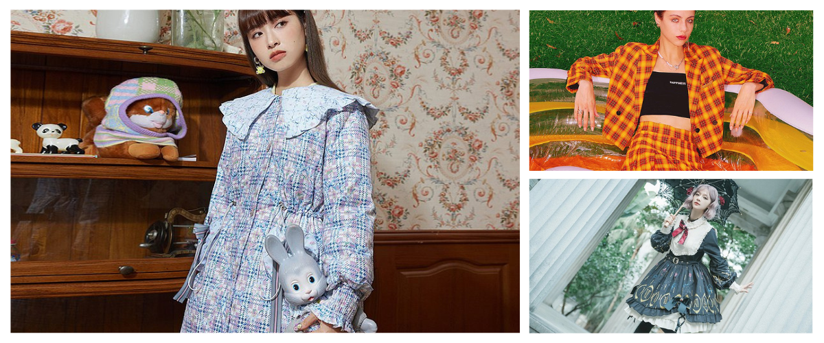 左上から：tntntutu（中国）チェック柄プリントラブボウロングホワイトダックダウンジャケット、LNGFACE（中国）甘い酷制服ファッション学部半身スカートスタイル纹コートjkスーツ女洋服、リジナルスタイルパンク（台湾）oジルoオリジナルロリータタイムイ