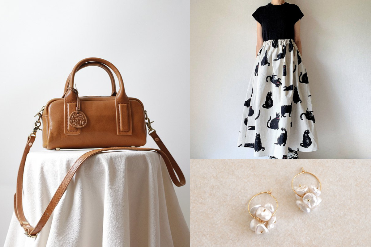 左上から：Travel Light（日本）2Way本革ショルダーバッグ収納バッグ斜め掛け、loosey goosey（日本）黒猫　ロングスカート　マキシスカート　コットンリネン　生成り、temtem（日本）14kgf ケシパールフープピアスクリップ