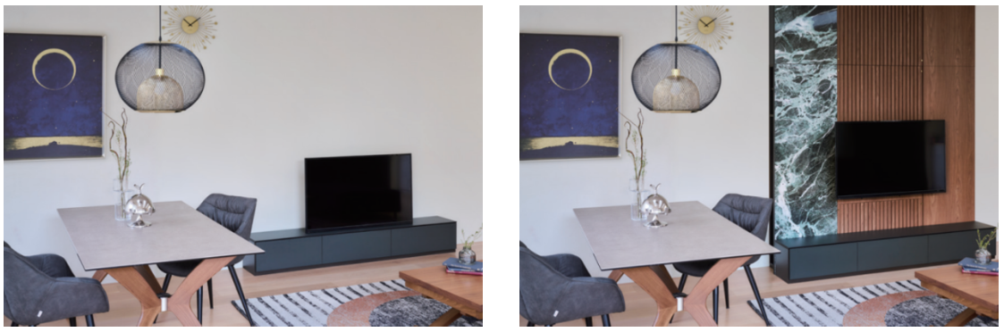 「CEBU」で壁をしつらえることで、空間に表情が生まれテレビがインテリアに馴染む例