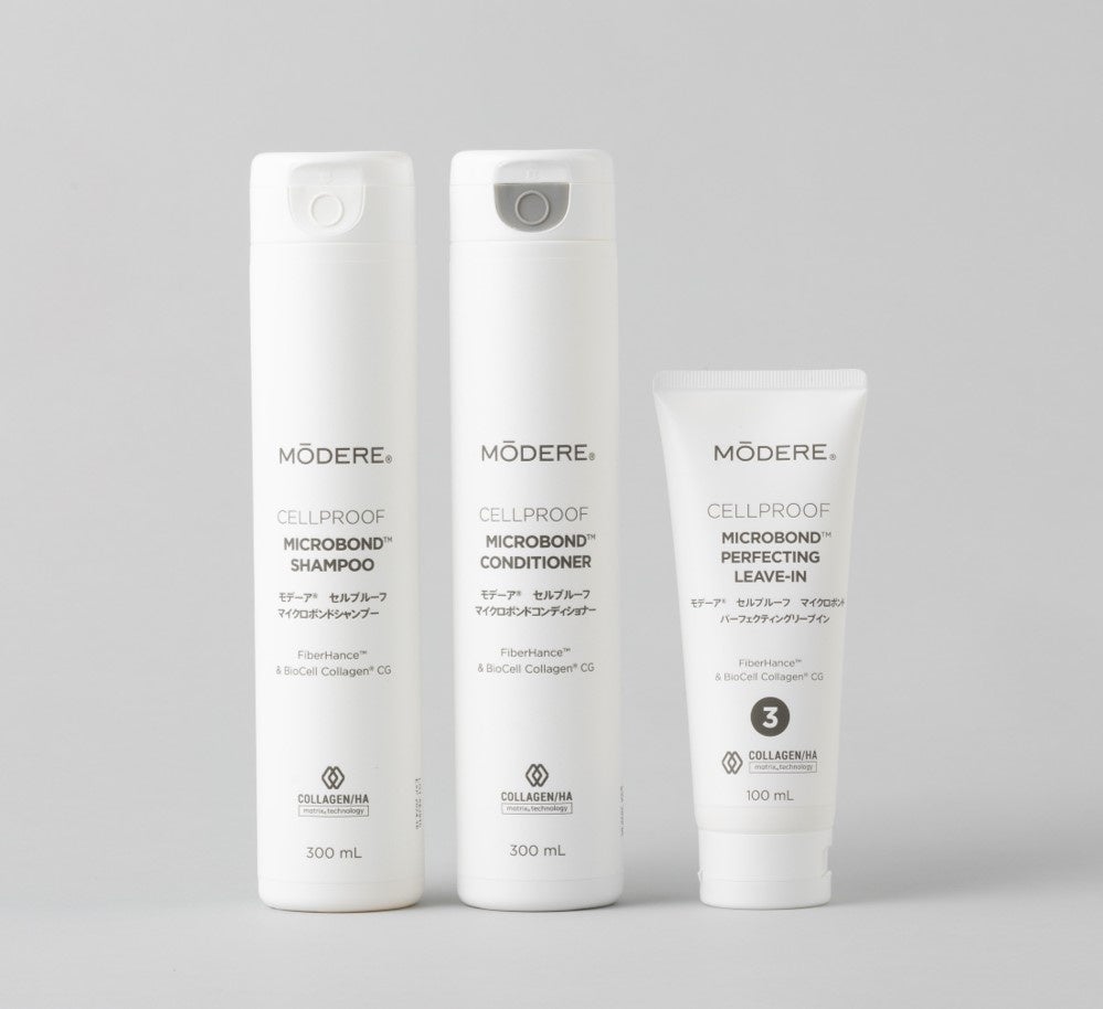 左から モデーア セルプルーフ マイクロボンドシャンプー、モデーア セルプルーフ マイクロボンドコンディショナー、 モデーア セルプルーフ マイクロボンドパーフェクティングリーブイン