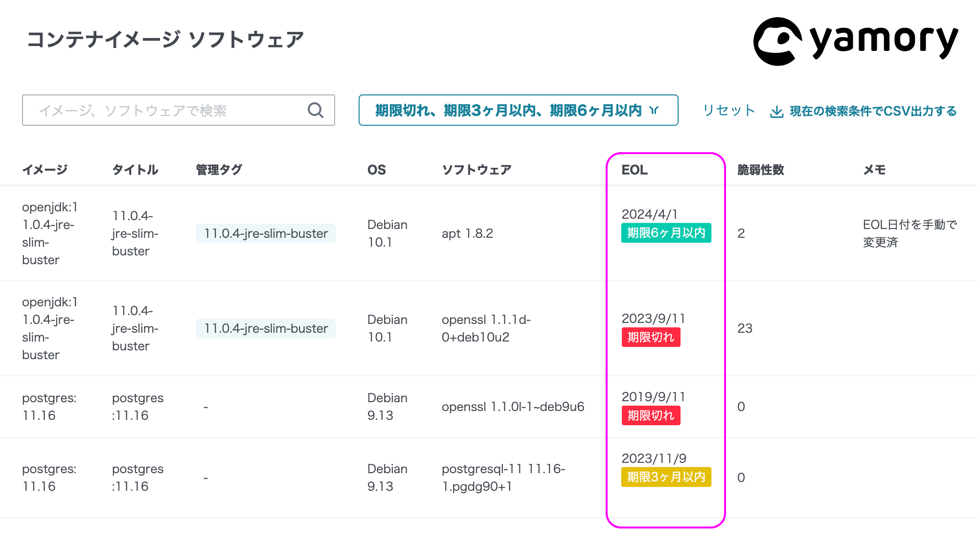 スキャンしたソフトウェア情報に対して、EOLを検知