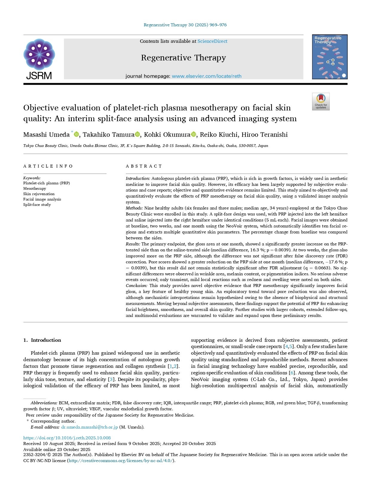 TCB梅田将志医師らの論文が再生医療分野の国際学術誌