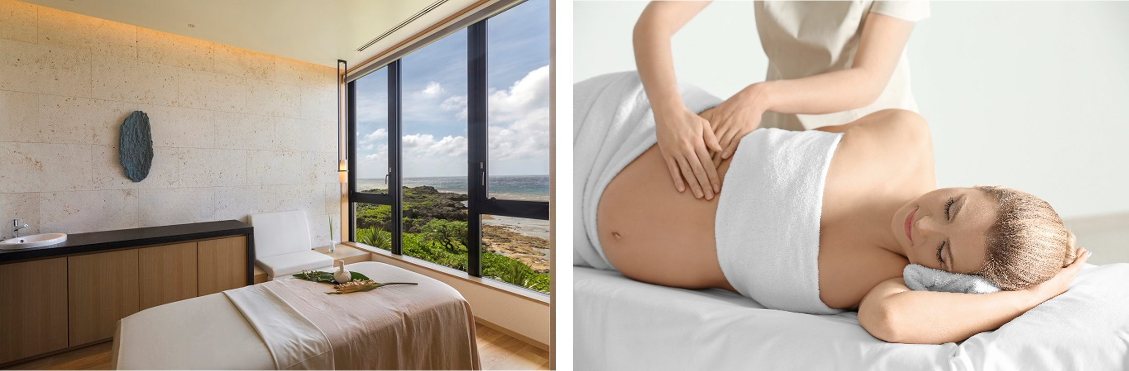 左：美しい海を臨むトリートメントルーム、右：マタニティートリートメント（イメージ）