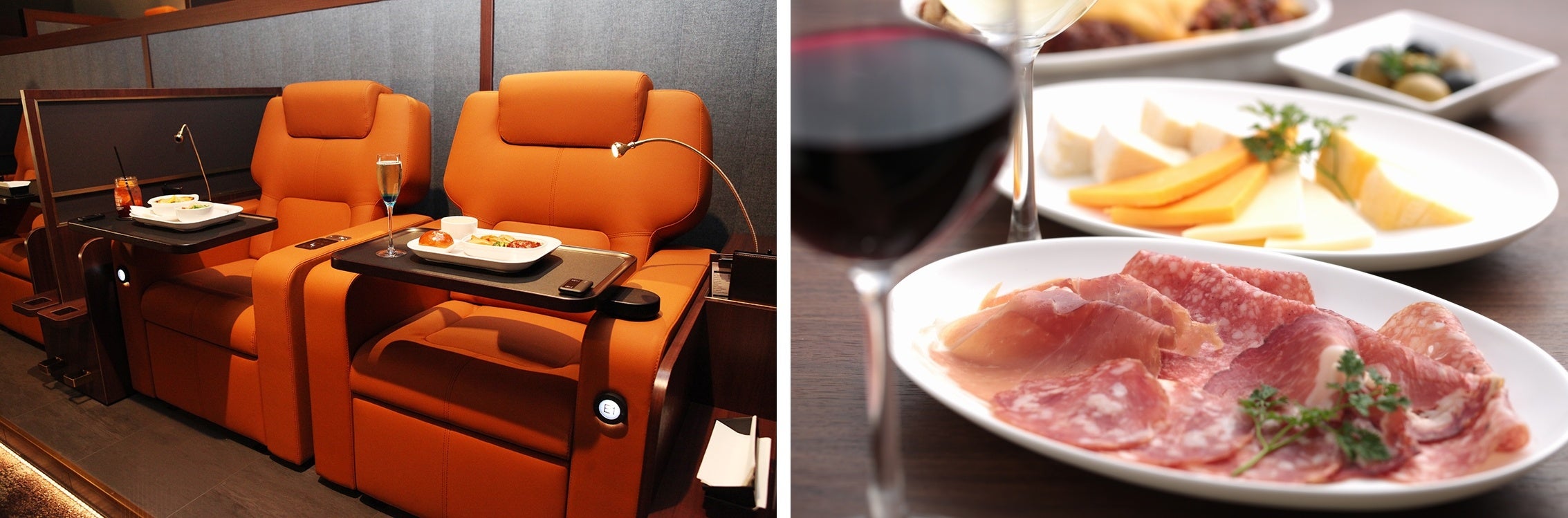 ▲ユナイテッド・シネマ・キャナルシティ13（福岡）で実施している「プレミアム・ダイニング・シネマ」。映画を見ながら食事とお酒を注文して楽しむことができる日本初の試み。