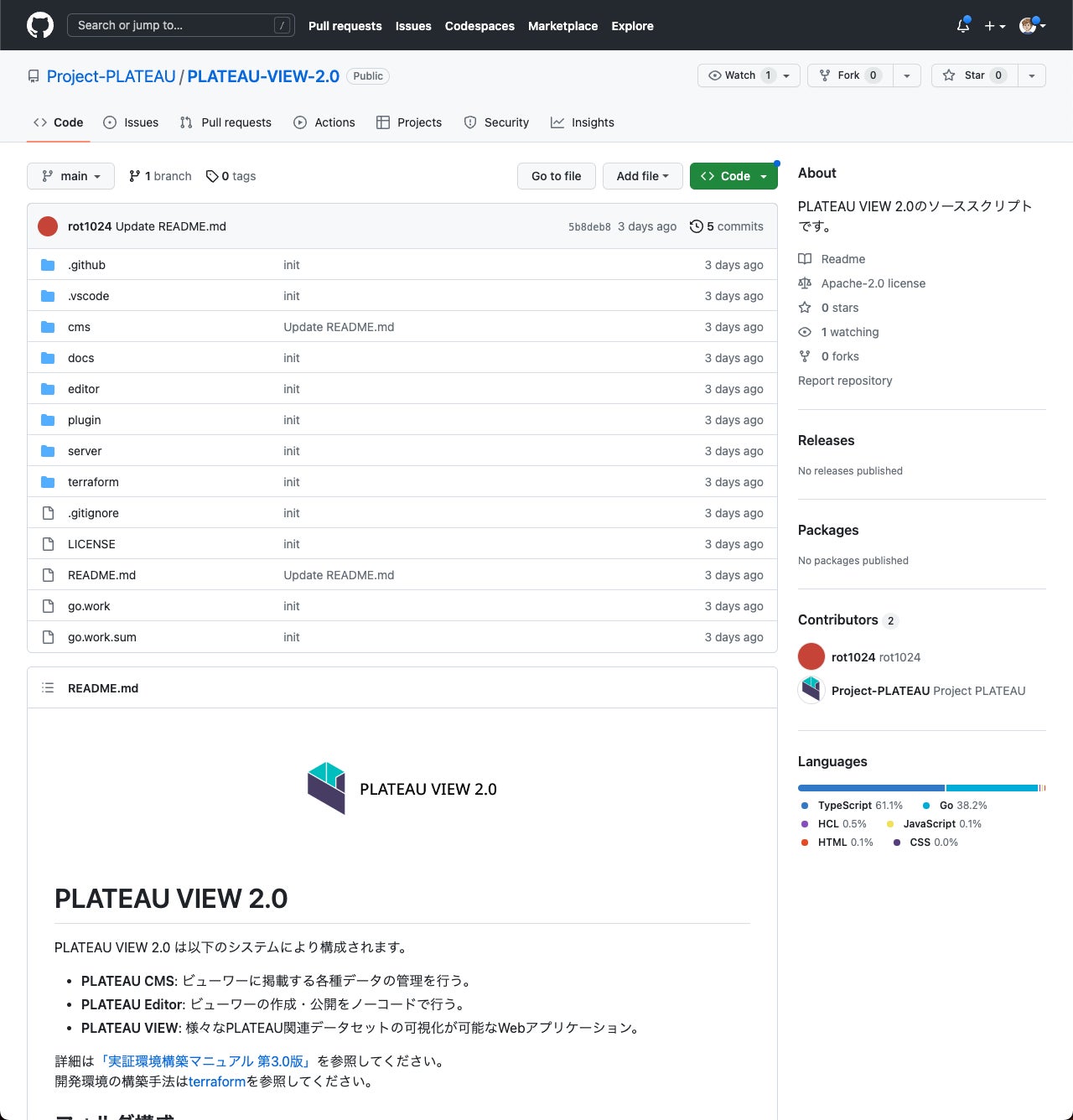 PLATEAU VIEW2.0のGithubリポジトリ