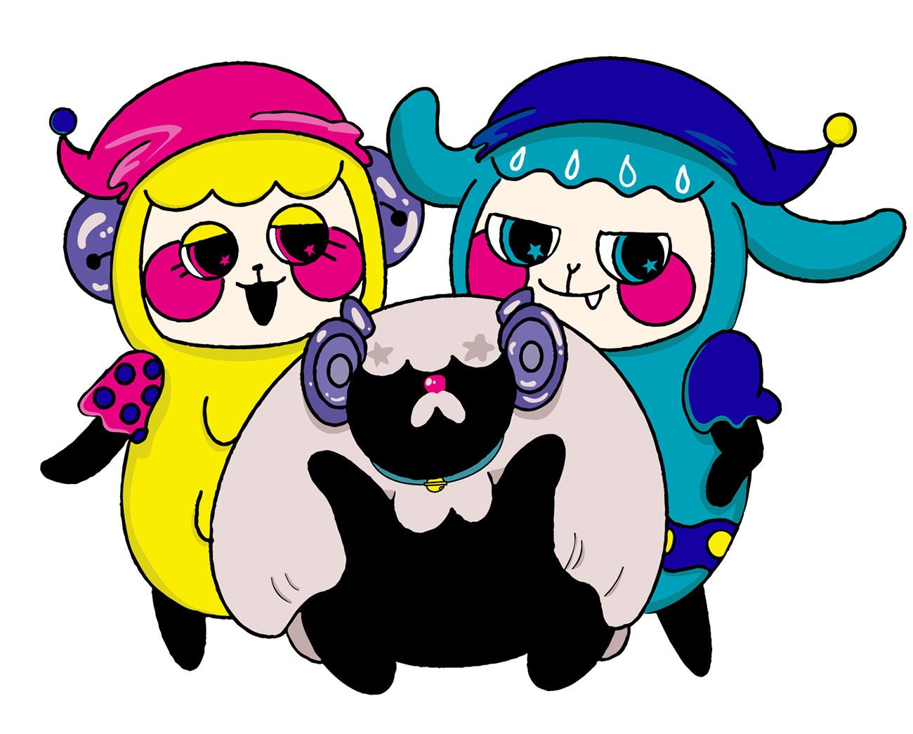 「ふたこのわたし 真夜中におはよう」キャラクター 左から「ゆめちゃん」「ドリ」「むっくん」