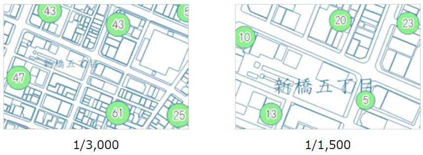 クラスタ主題図：表示スケールに応じて地図上の建物棟数を表示した例