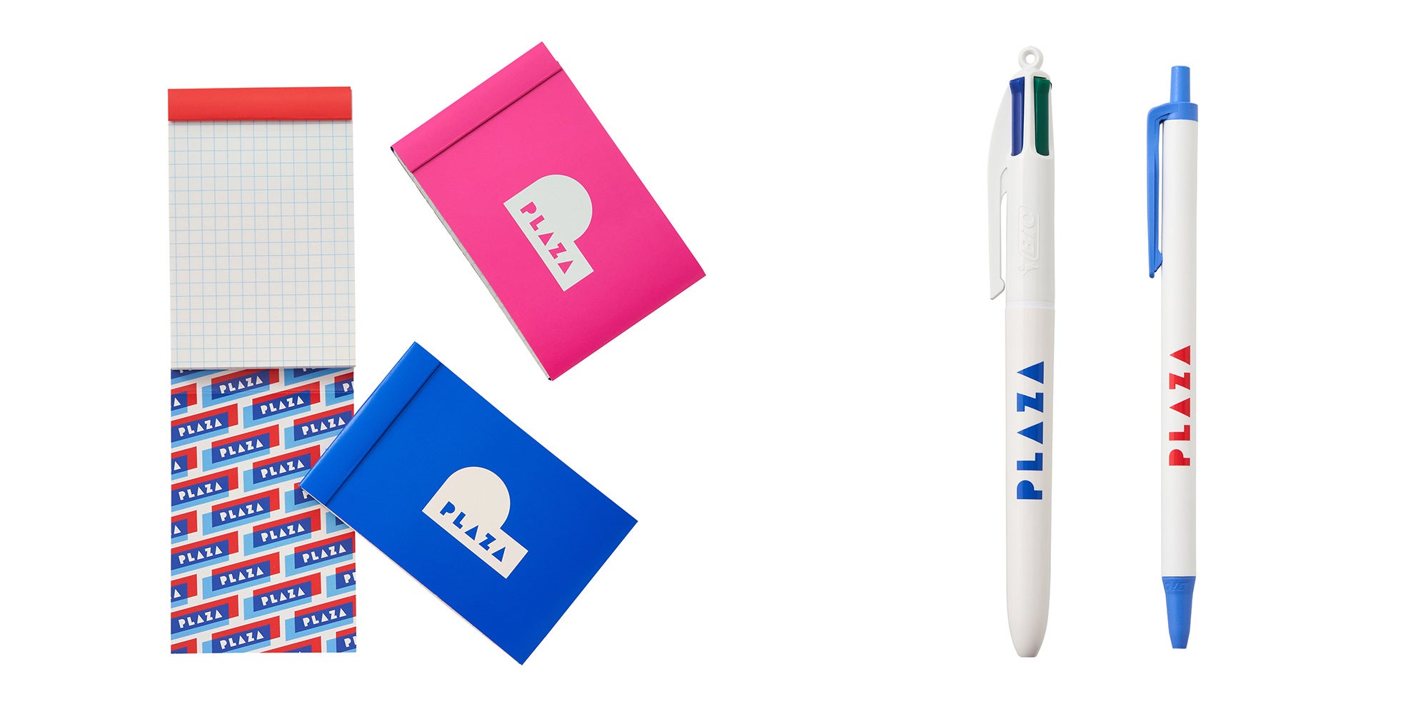 左から メモパッド(レッド、ブルー、ピンク) 各352円、BIC 4色ボールペン 418円、クリックスティックボールペン 143円