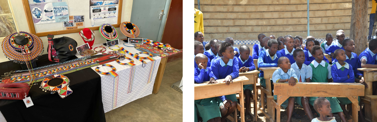 左：ケニアの女性たちが制作したビーズアクセサリー、右：ケニアの学校で勉強する子どもたち