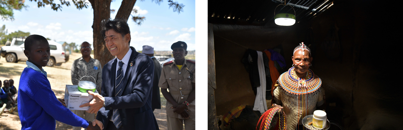 左：子どもたちにランタンを寄贈、右：部屋にランタンのあかりが灯る様子