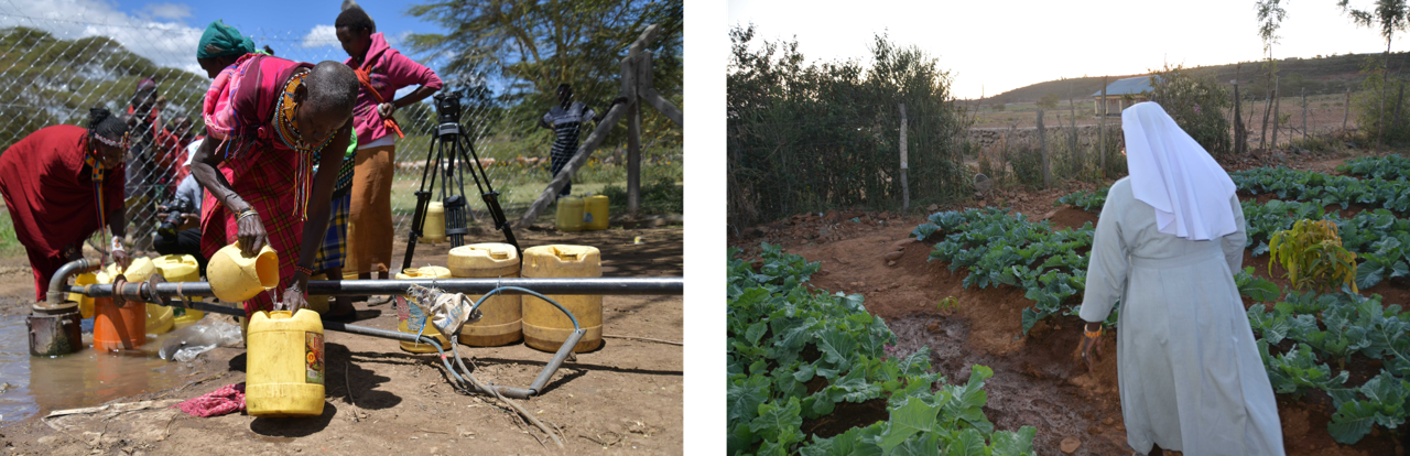 左：干ばつ被害の深刻な地域で水汲みをする女性、右：自給自足生活のため農作物を栽培