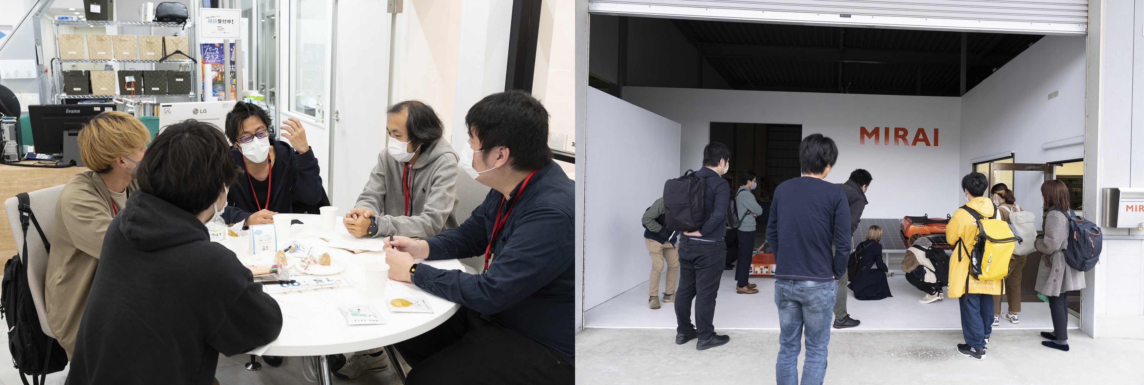 写真左：レコメンデーションに応じた気が合う可能性が高い企業と参加者の交流、写真右：スタートアップ企業の開発現場を訪問し、実製品を交えた取り組み説明