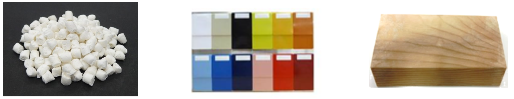 左：kinari 55％濃度 中央：高い着色自由性 右：成形プロセス技術による木質感デザイン