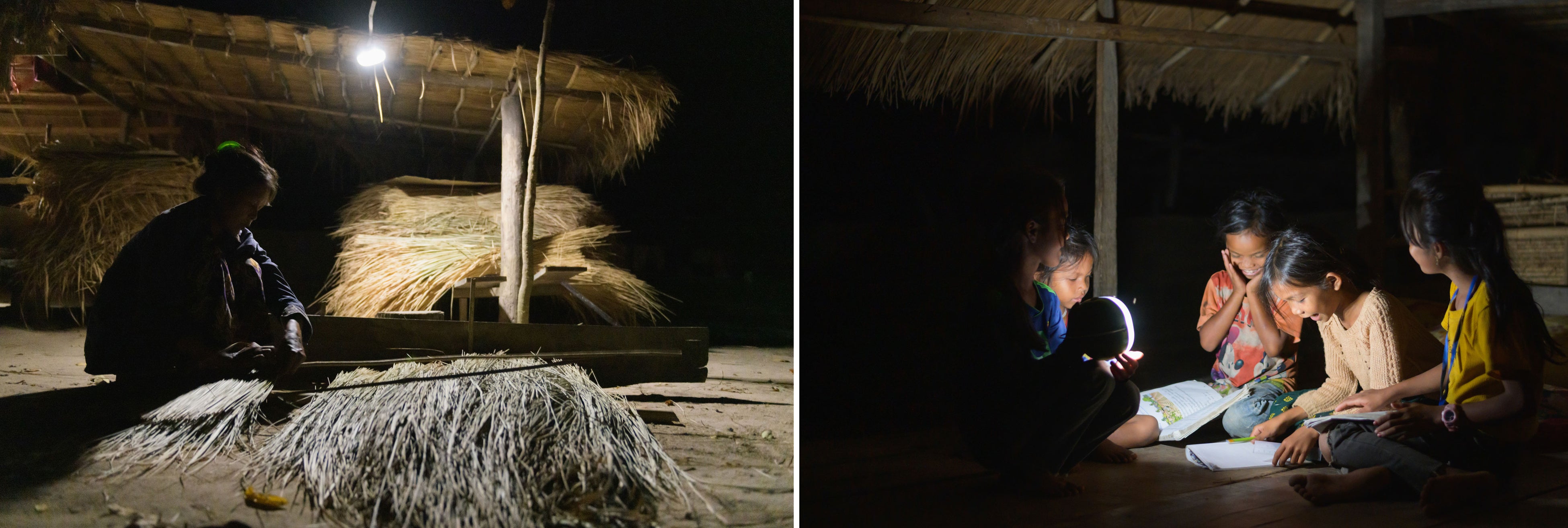 ソーラーランタンのあかりの下、（左）夜の内職（屋根を編む仕事）をする女性 （右）音楽の教科書を開いて歌う子どもたち