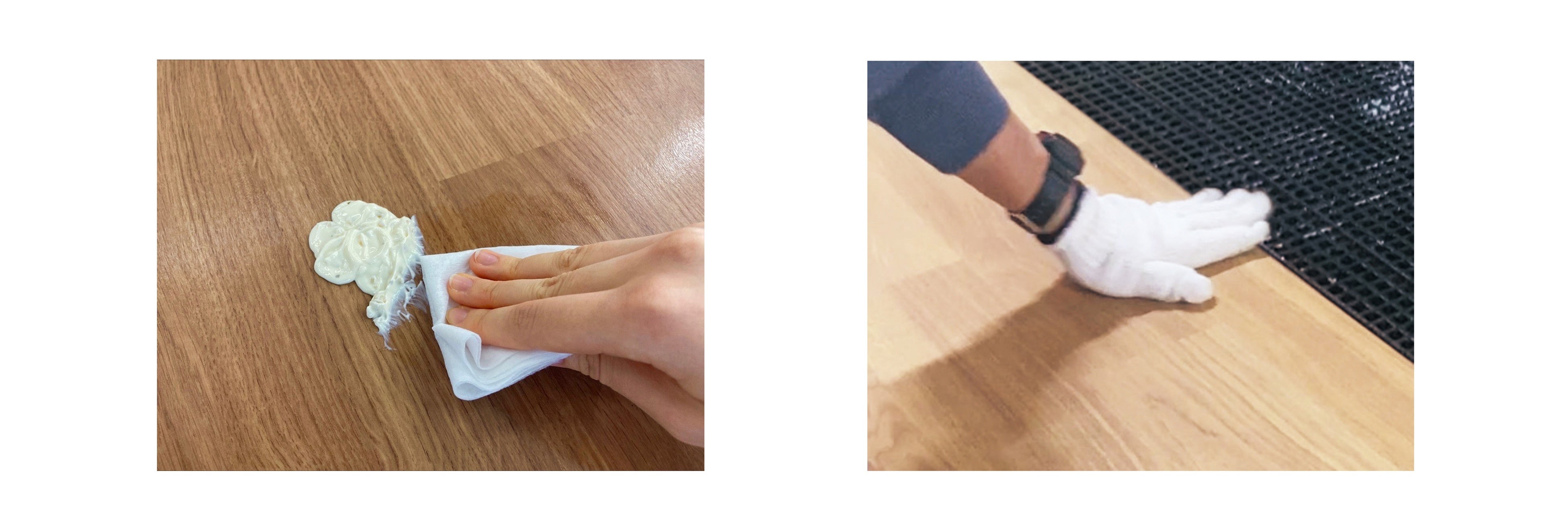 左：軽微な汚れならサッと拭くだけお手入れ簡単、右：メカニカルブロックは残して張り替え可能