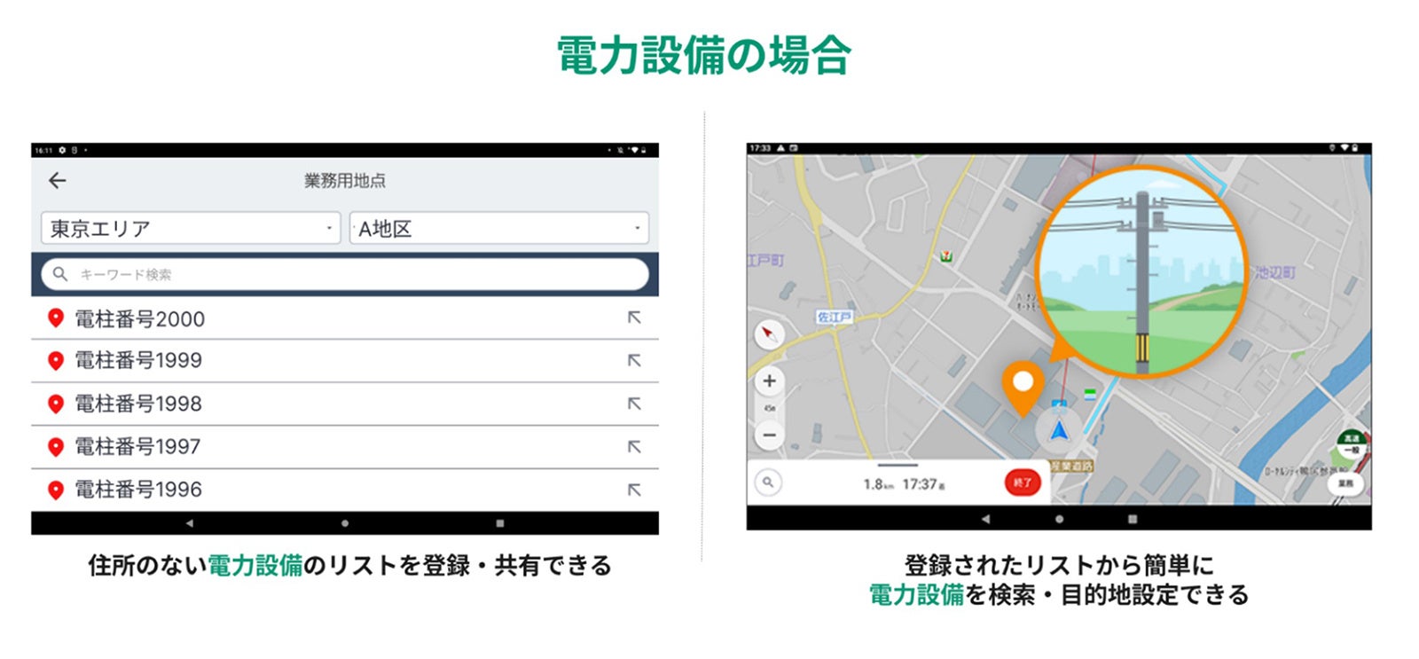 住所のない地点でも目的地登録でき、チームで共有可能 電力設備の場合