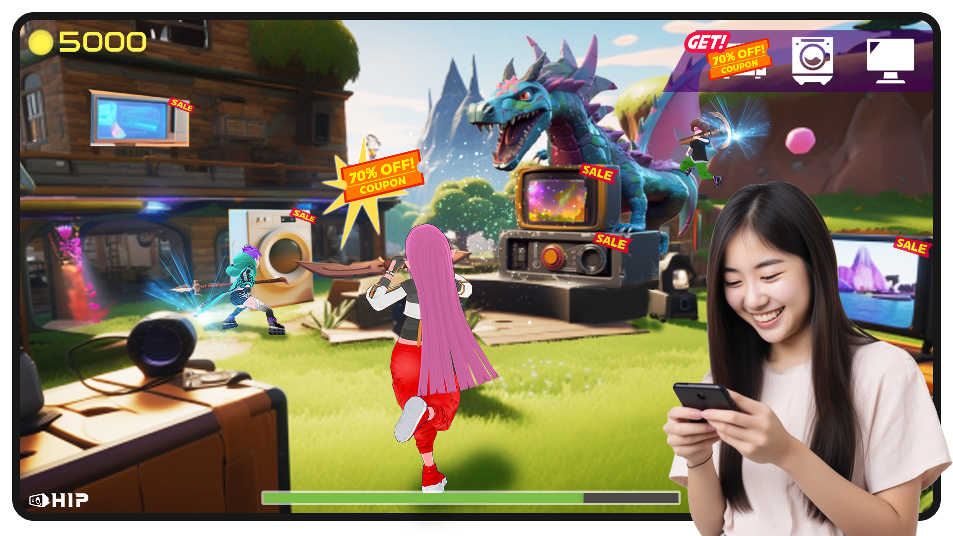 友人同士がバーチャル空間で遊びながら、特典として現実世界で割引価格のプロモーション商品が購入できる事例