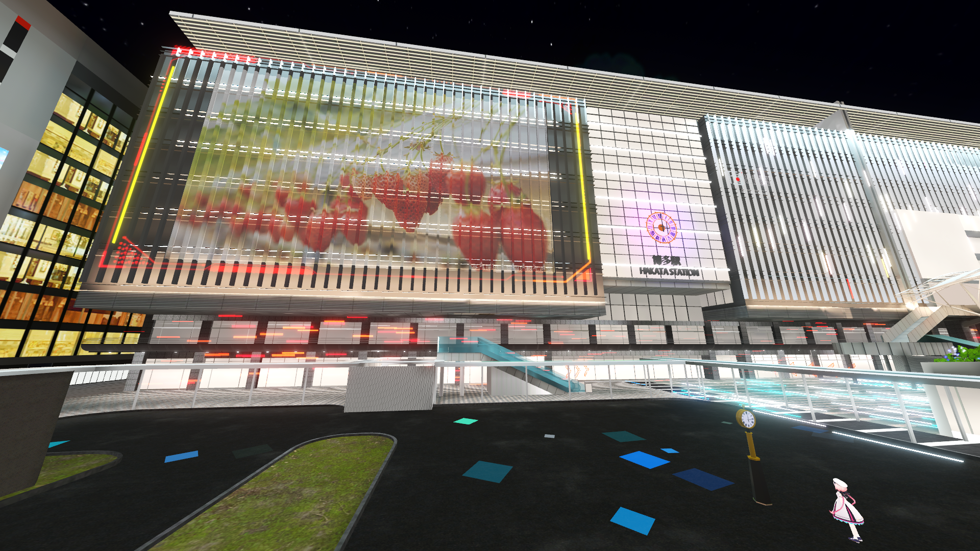 駅前広場にある時計を操作するとプロジェクションマッピングが博多駅に投影される（画像は開発中のものです）