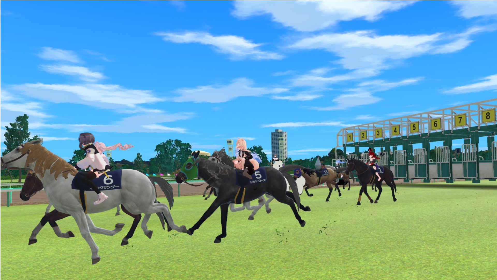 バーチャル中山競馬場で騎乗してレースを楽しむ来場者の様子