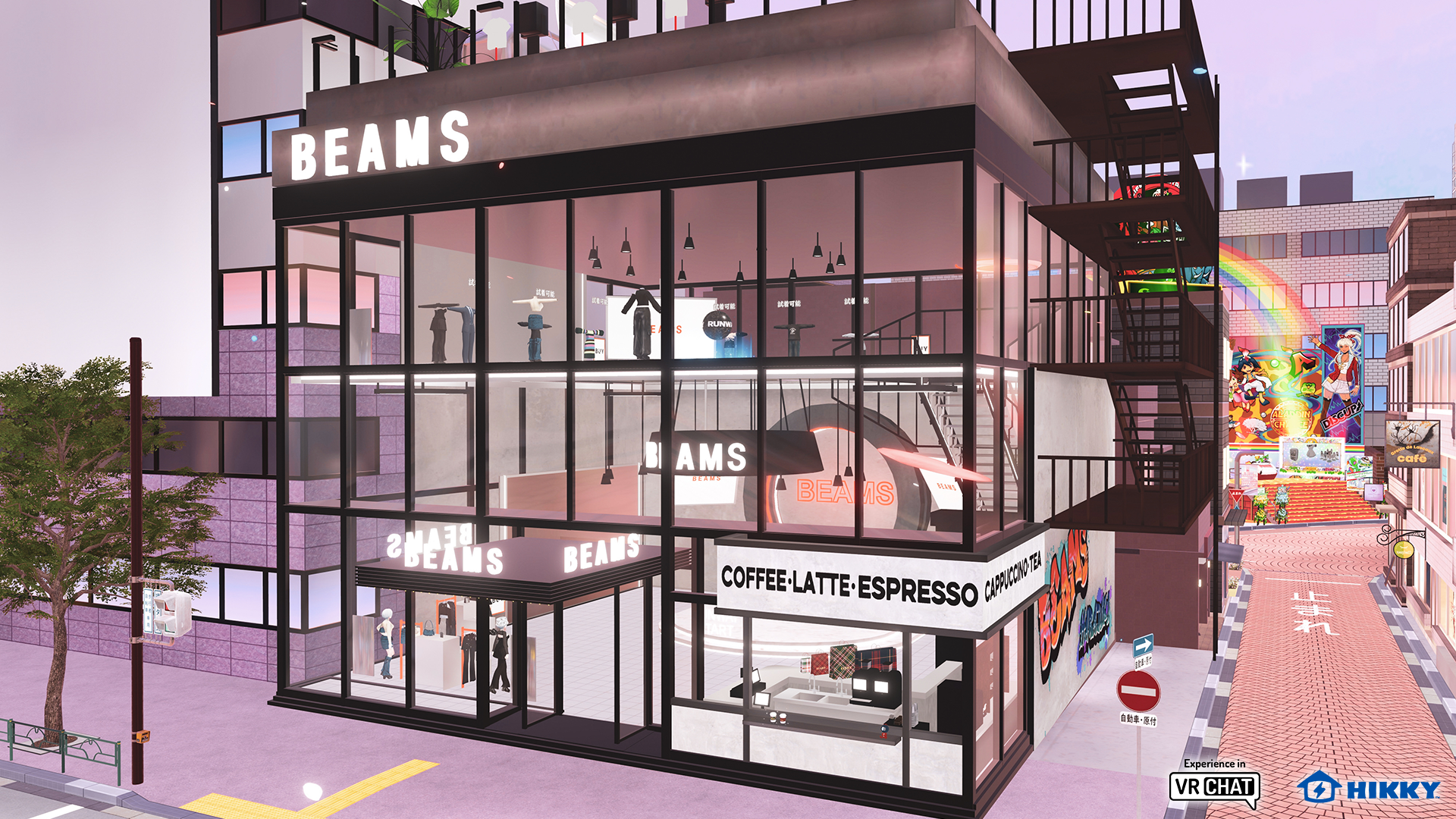 バーチャルマーケット2023 Winter「パラリアル渋谷・原宿」ワールド内、既視感のある原宿の街並みに登場するBEAMSバーチャルショップ