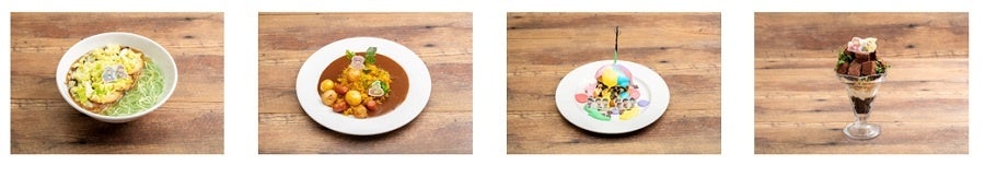 左から▲カラ松&一松のもやし餡かけ塩広東麺/チョロ松&トド松のカレードライカレー/通期6つ子のスイーツバーガー/おそ松&十四松のティラミス風パフェ