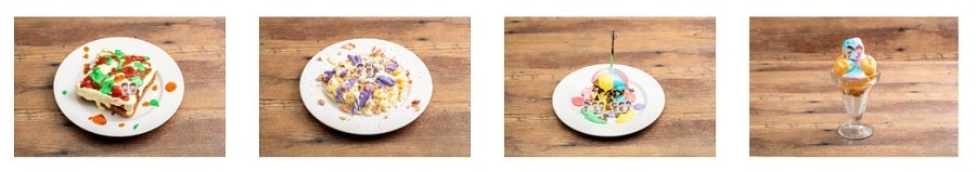 左から▲おそ松&チョロ松のふらんせじーにゃ風サンドイッチ/一松&十四松のマカロニチーズライス/通期6つ子のスイーツバーガー/カラ松&トド松のクロカンブッシュ風パフェ